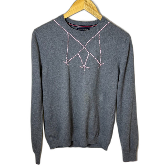 Banana Republic Gray Cotton Cashmere Pink Embroidered Crewneck Sweater Size S - Picture 2 of 10